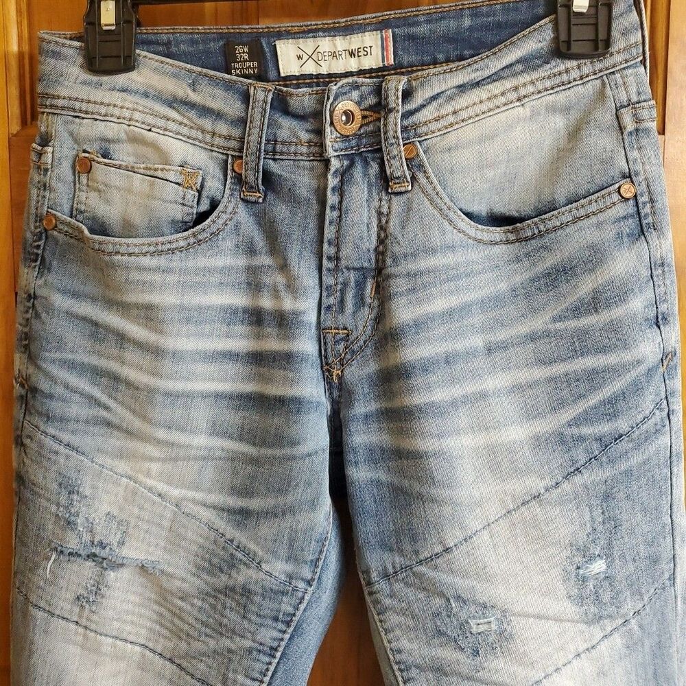 Departwest 26W 32R Trouper Skinny Jeans Mens Blue Moto Distressed Denim